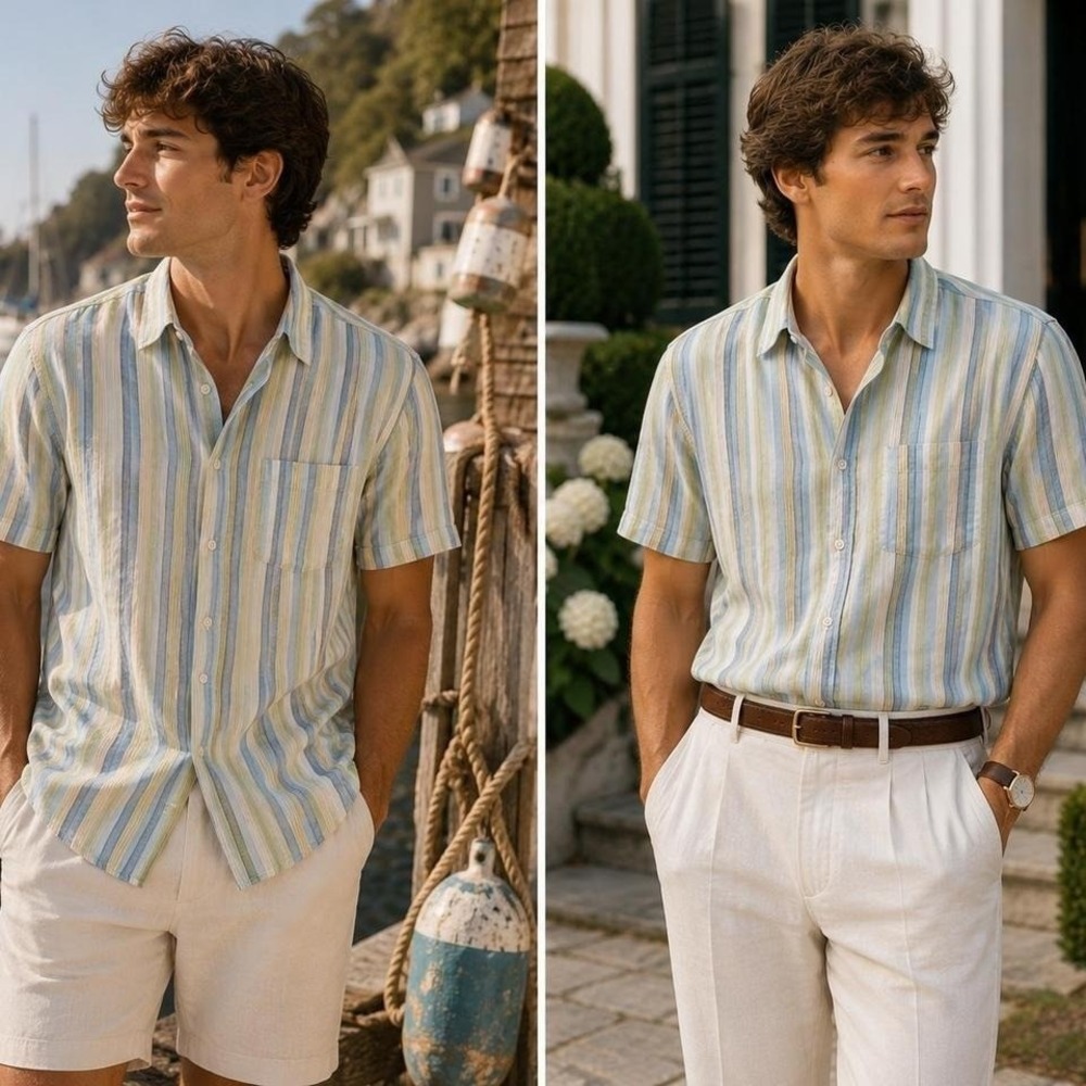 Jos. A. Bank Traveler's Collection Linen Stripe Button Shirt Sz L Coastal Resort
